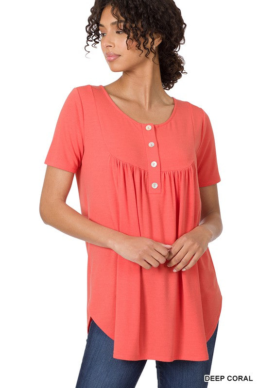 Zenana Short Sleeve Dolphin Hem Shell Button Top - Online Only