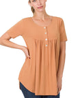 Zenana Short Sleeve Dolphin Hem Shell Button Top - My Pampered Life Seattle