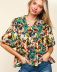 Haptics Full Size Frill Floral Puff Sleeve Peplum Blouse