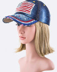 Crystal US Flag Embellished Fashion Denim Cap