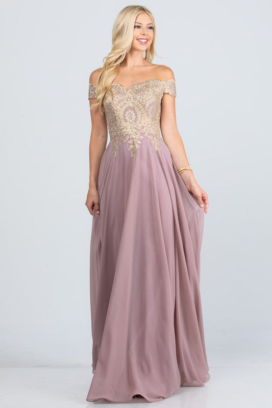 La Scala PLUS Off Shoulder Chiffon Gown with Applieques