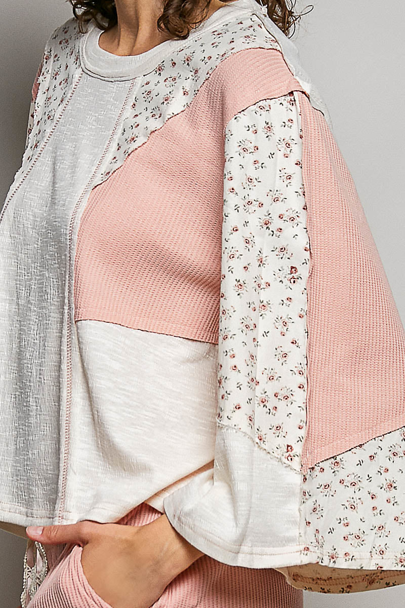 POL Exposed Seam Floral Patchwork Round Neck Textured Slub Knit Top