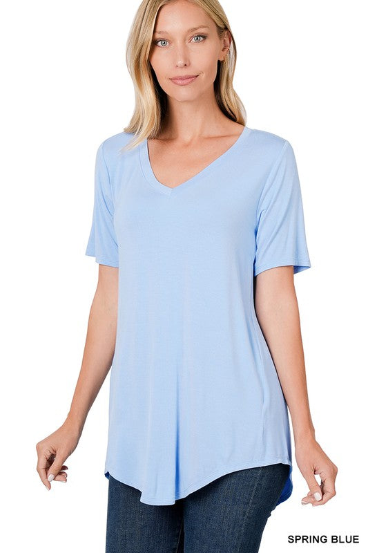Zenana Luxe Rayon Short Sleeve Hi-Lo V-Neck - Online Only