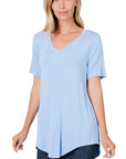 Zenana Luxe Rayon Short Sleeve Hi-Lo V-Neck - Online Only