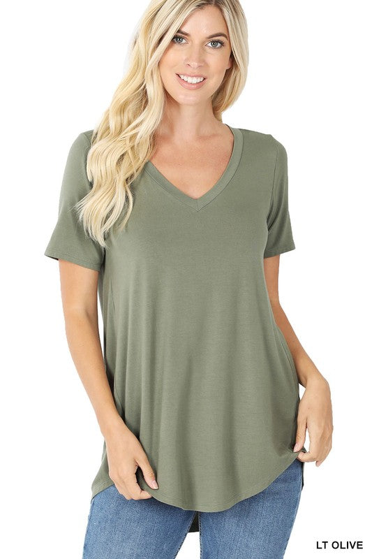 Zenana Luxe Rayon Short Sleeve Hi-Lo V-Neck - Online Only