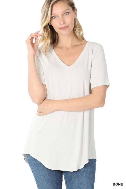 ZENANA Luxe Rayon Short Sleeve V-Neck Hi-Low Hem Top