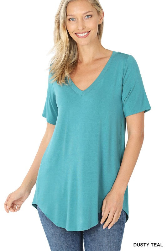 Zenana Luxe Rayon Short Sleeve Hi-Lo V-Neck