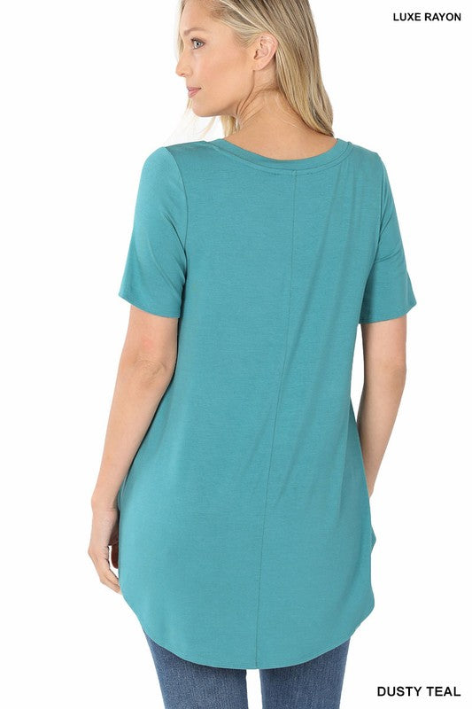 ZENANA Luxe Rayon Short Sleeve V-Neck Hi-Low Hem Top
