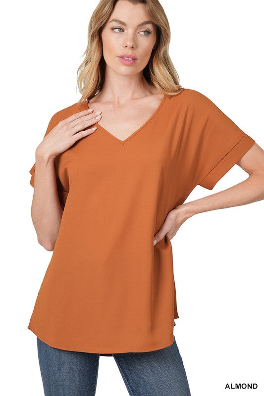Zenana Woven Heavy Dobby Rolled Sleeve Top - Online Only