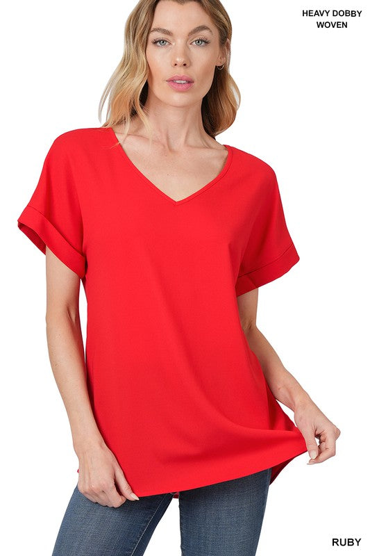 Zenana Woven Heavy Dobby Rolled Sleeve Top - Online Only