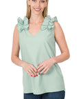 Zenana Woven Wool Dobby Ruffle Trim Sleeveless Top - Online Only