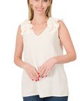 Zenana Woven Wool Dobby Ruffle Trim Sleeveless Top - Online Only