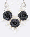 Black Flower Mix Pearls Statement Necklace Set