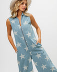 BiBi Star Print Half Zip Sleeveless Denim Jumpsuit