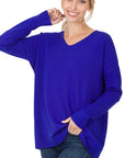 Zenana Hi-Low Dyed V-Neck Front Seam Sweater - Online Only