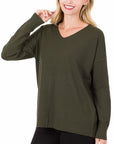 Zenana Hi-Low Dyed V-Neck Front Seam Sweater - Online Only