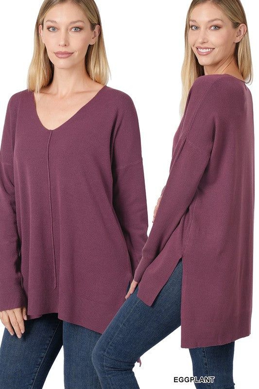 Zenana Hi Low V-Neck Center Seam Sweater - Online Only