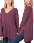 Zenana Hi Low V-Neck Center Seam Sweater - My Pampered Life Seattle