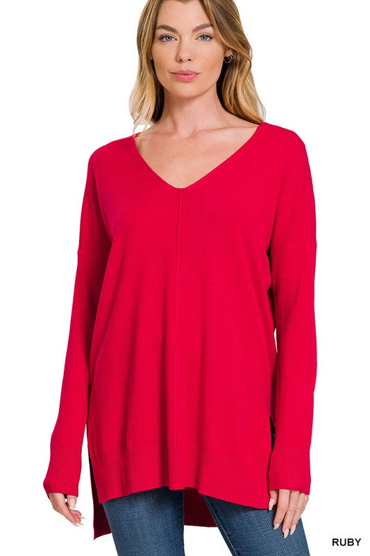 Zenana Hi Low V-Neck Center Seam Sweater