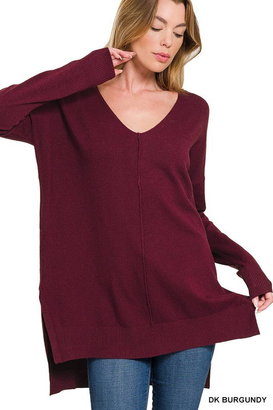 Zenana Hi Low V-Neck Center Seam Sweater