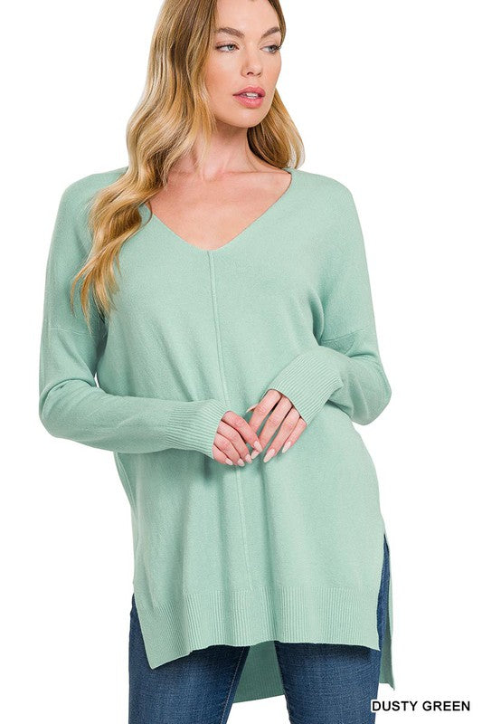 Zenana Hi Low V-Neck Center Seam Sweater - Online Only