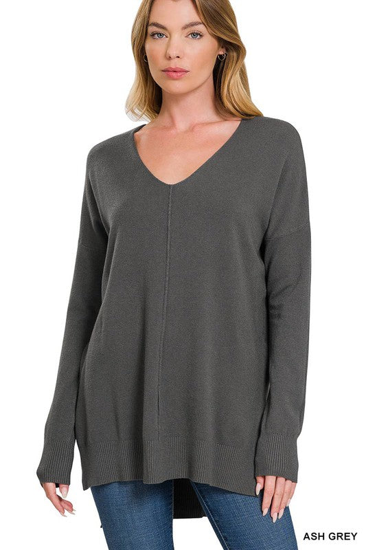 Zenana Hi Low V-Neck Center Seam Sweater - Online Only