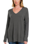 Zenana Hi Low V-Neck Center Seam Sweater - Online Only