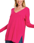 Zenana Hi Low V-Neck Center Seam Sweater - Online Only