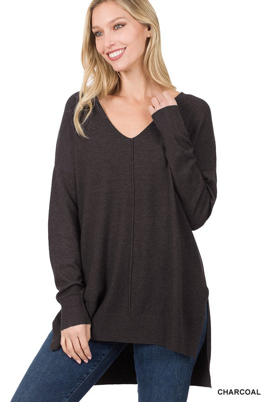 Zenana Hi Low V-Neck Center Seam Sweater - Online Only