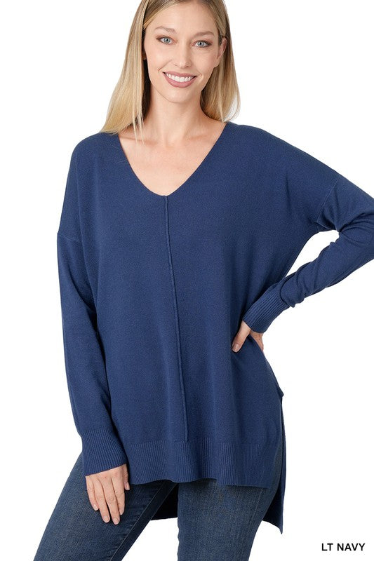 Zenana Hi Low V-Neck Center Seam Sweater - Online Only