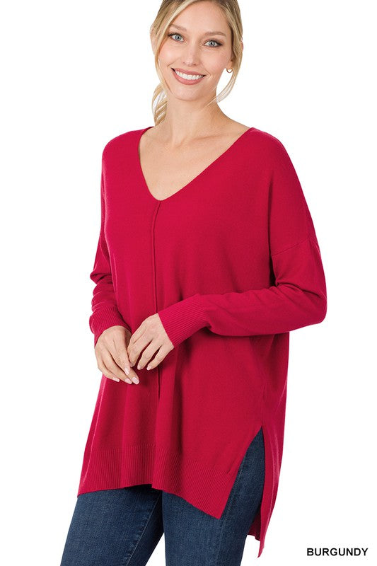 Zenana Hi Low V-Neck Center Seam Sweater