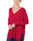 Zenana Hi Low V-Neck Center Seam Sweater - Online Only