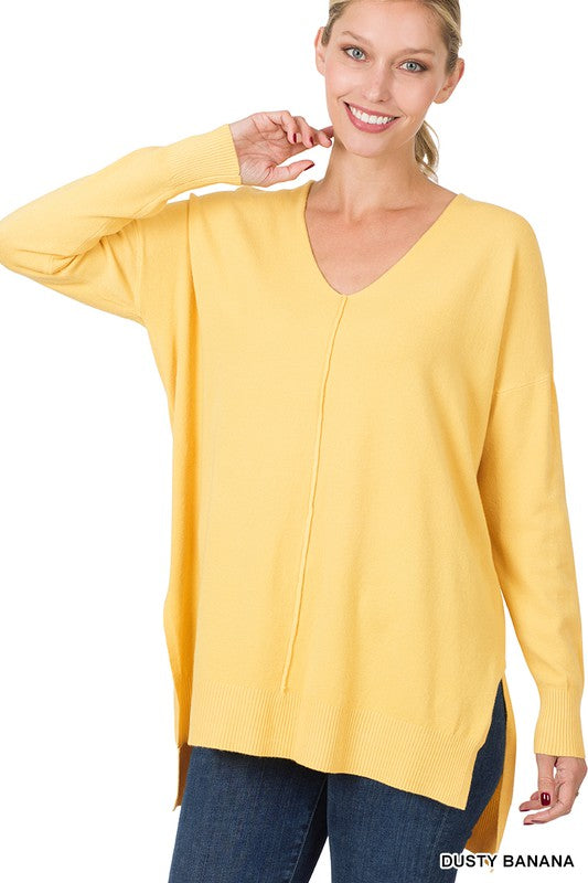 Zenana Hi Low V-Neck Center Seam Sweater - Online Only