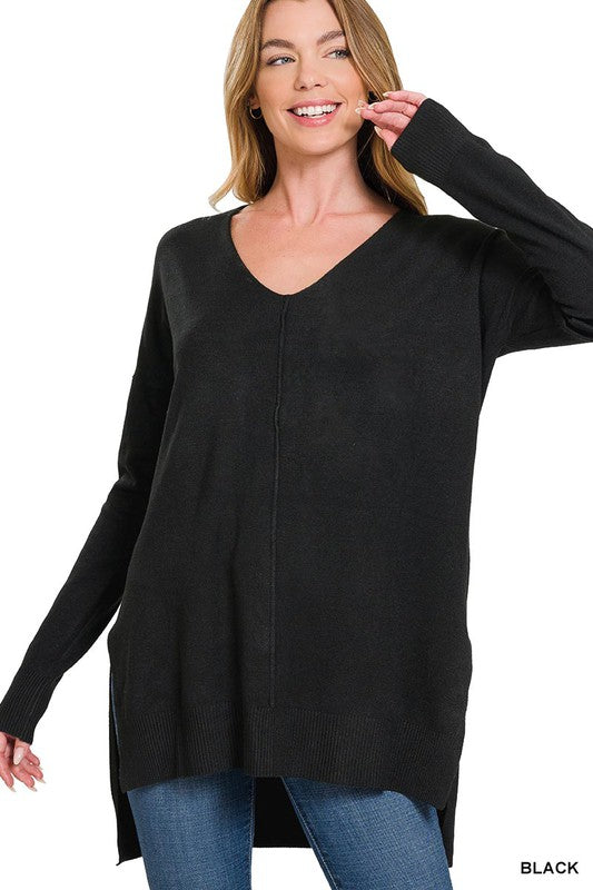 Zenana Hi Low V-Neck Center Seam Sweater