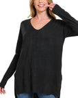 Zenana Hi Low V-Neck Center Seam Sweater - My Pampered Life Seattle