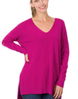 Zenana Hi Low V-Neck Center Seam Sweater - Online Only