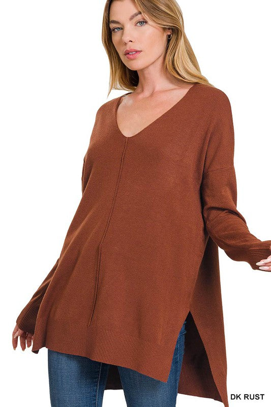 Zenana Hi Low V-Neck Center Seam Sweater