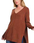 Zenana Hi Low V-Neck Center Seam Sweater - Online Only