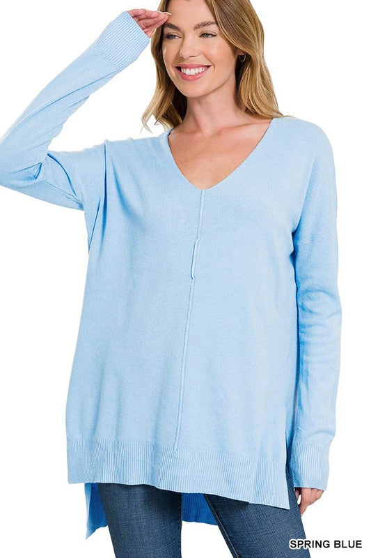 Zenana Hi Low V-Neck Center Seam Sweater