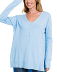 Zenana Hi Low V-Neck Center Seam Sweater - Online Only