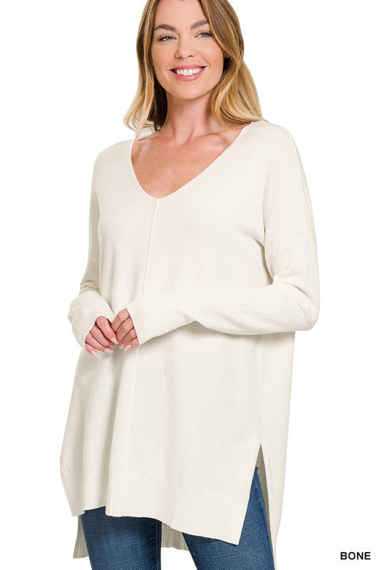 Zenana Hi Low V-Neck Center Seam Sweater