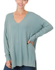 Zenana Hi Low V-Neck Center Seam Sweater - My Pampered Life Seattle