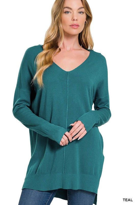 Zenana Hi Low V-Neck Center Seam Sweater