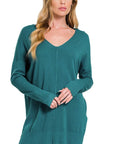 Zenana Hi Low V-Neck Center Seam Sweater - Online Only