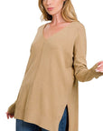 Zenana Hi Low V-Neck Center Seam Sweater - Online Only