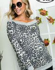 e Luna Terry Solid Cheetah Mix V-Neck Top PLUS