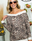 e Luna Terry Solid Cheetah Mix V-Neck Top PLUS