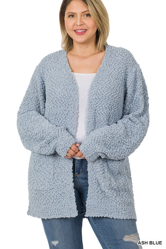 Zenana Plus Puff Sleeve Popcorn Cardigan - Online Only