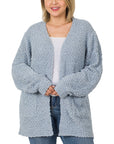 Zenana Plus Puff Sleeve Popcorn Cardigan - Online Only