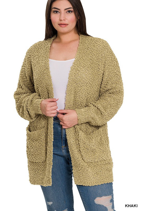 Zenana Plus Puff Sleeve Popcorn Cardigan - Online Only